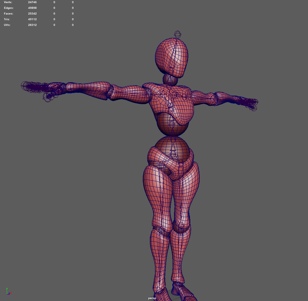 Complete Maya character rig shown in wireframe
